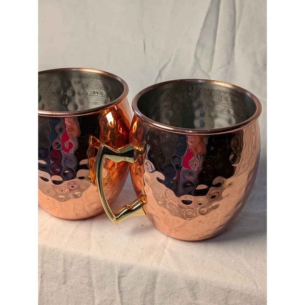 Eco-One Hammered Copper Moscow Mule Mugs Set of 4 Stainless Steel Gold Handle